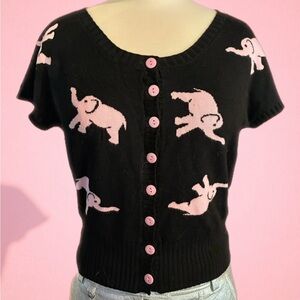 Collectif Tipsy Elephant Short Sleeve Cardigan - Black & Pink Elephant Design
